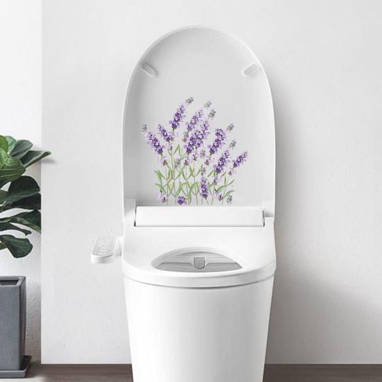 Lavender Toilet Sticker Removable Self-adhesive Waterproof PVC Living Room Bathroom Wall Art Purple-color Flower Toilet Lid Decoration Decal