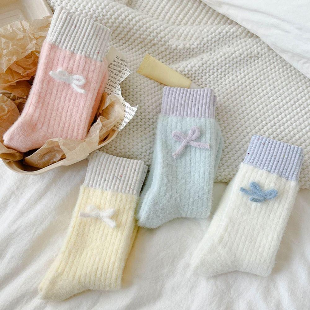 Soft Plush Sleep Socks Bowknot Middle Tube Socks Sweet Warm Home Socks  Cold Weather