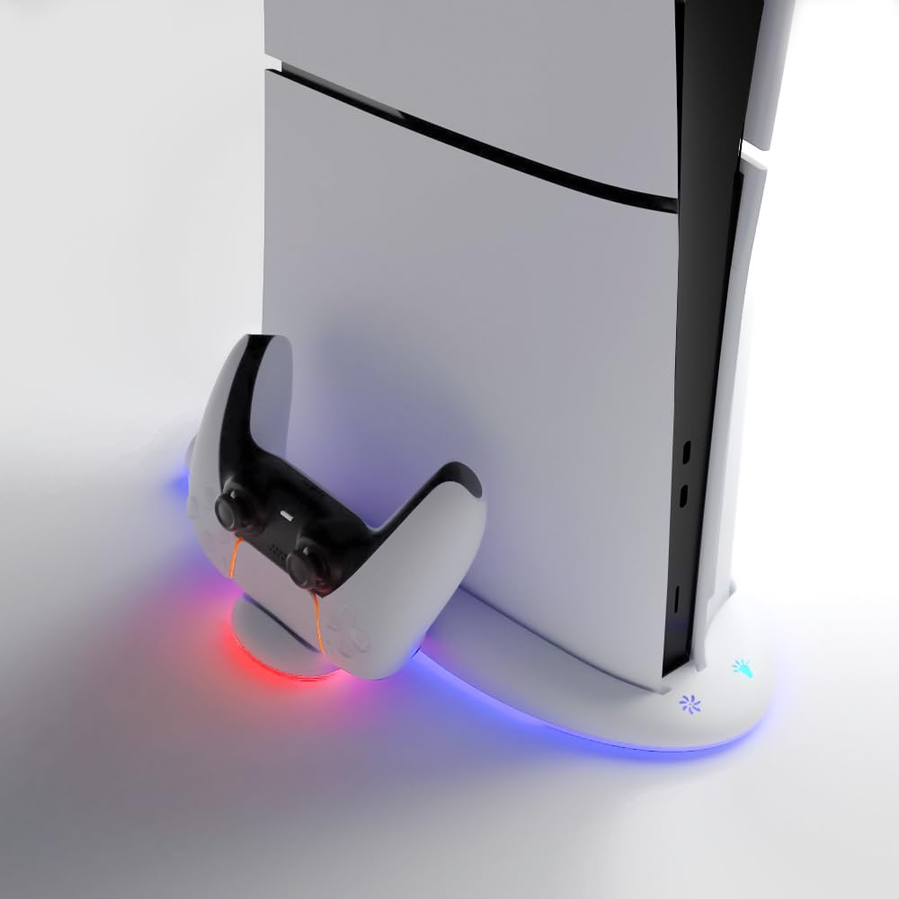 Blitzowl PS5 Slim Stand and Controller Charger with Cooling RGB Vertical and Horizontal Compatible with Disc and Digital Charging Dock for PS5