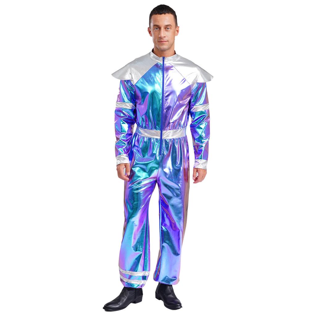 M-3XL Men‘s Halloween Alien Costume: Deluxe Shiny Metallic Robot Jumpsuit, One Piece Long Sleeve Retro Space Outfit