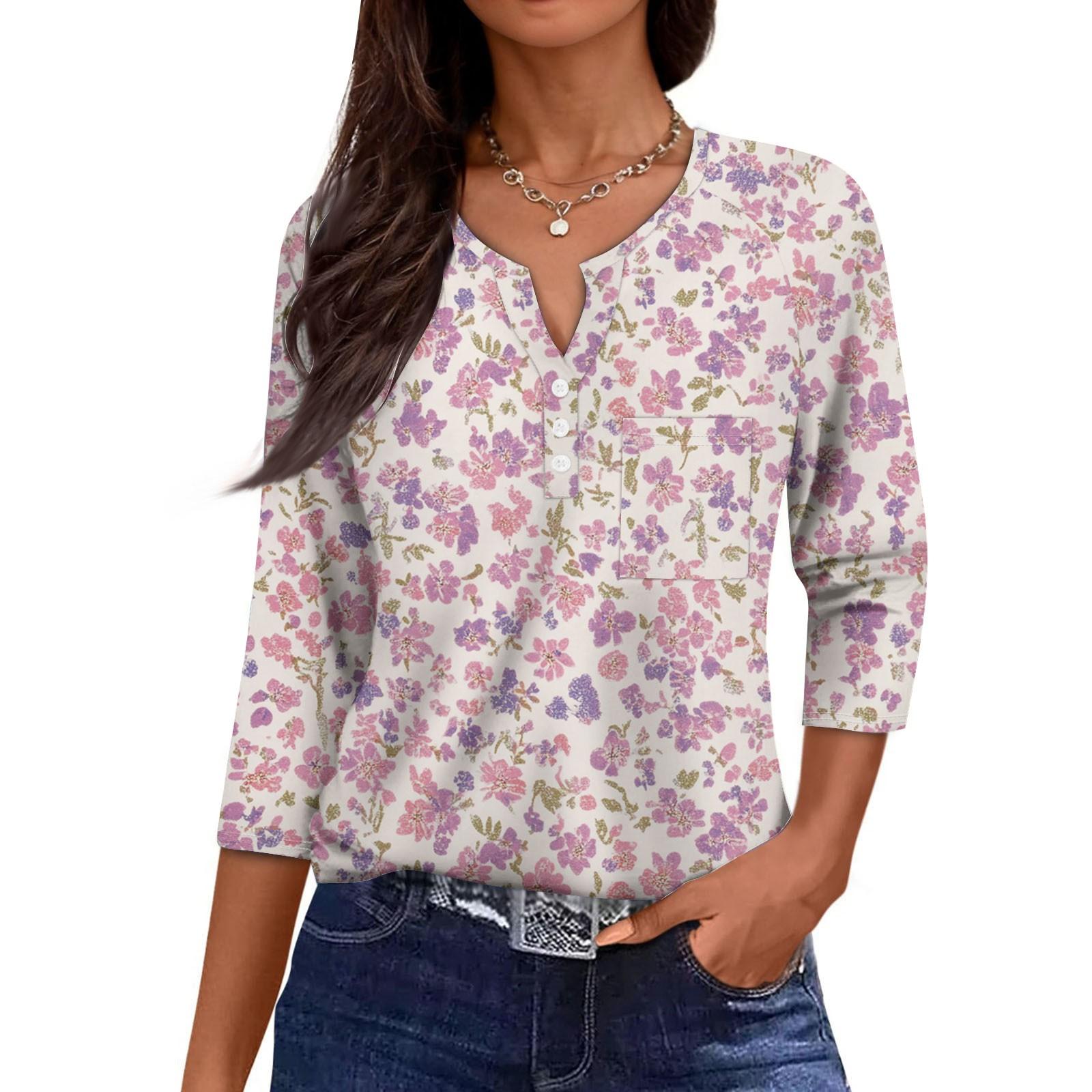 

Женская повседневная мода V-образный вырез свободный универсальный цветочный принт рукава три четверти S розовый