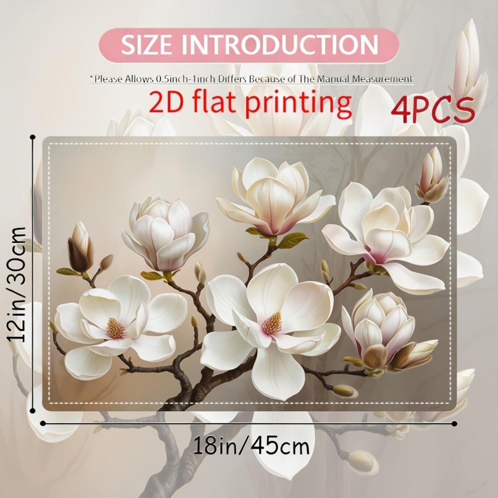 4 Stück Elegante Tischsets mit Magnolienmuster in Weiß | 30,5 cm x 45,7 cm Rechteckige Tischmatten für Esstisch, Ostern, Valentinstag und Heimdekoration - Perfekt