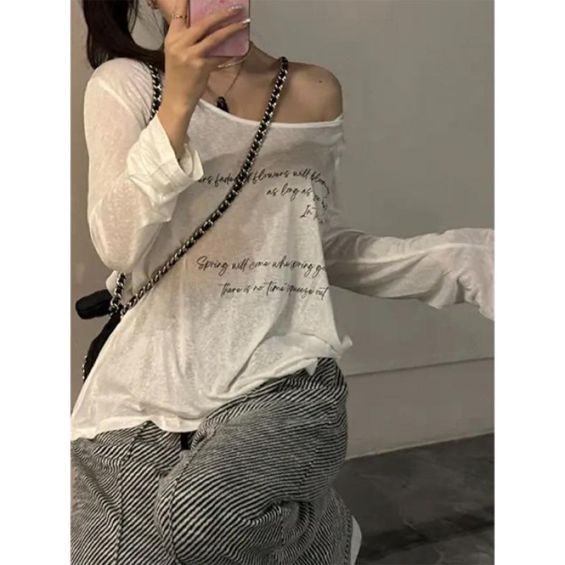 Korean Style Sheer Long Sleeve Letter Print T-Shirt Cardigan for Women - Casual Lightweight Sun Protection