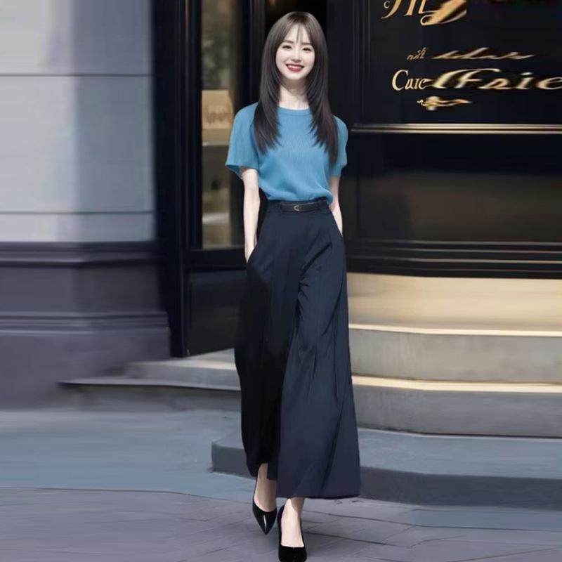 Chic Women's Summer Two-Piece Set: Stylish Short Sleeve Top & High Waist Wide Leg Pants