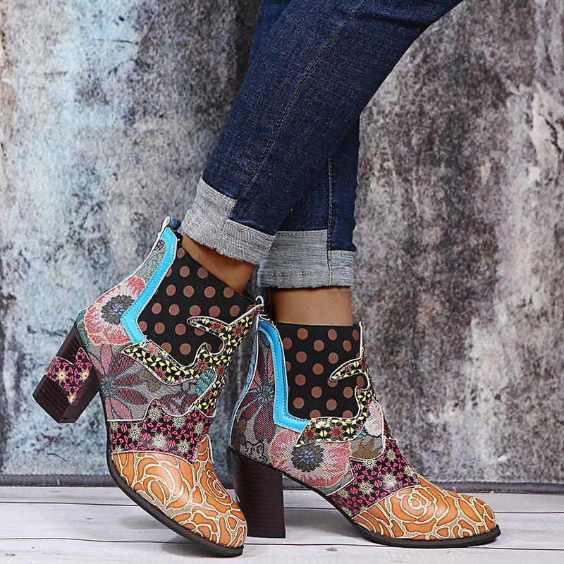 Bohemian Plus Size High Heel Martin Boots - Ethnic Style Patchwork Leather for Women