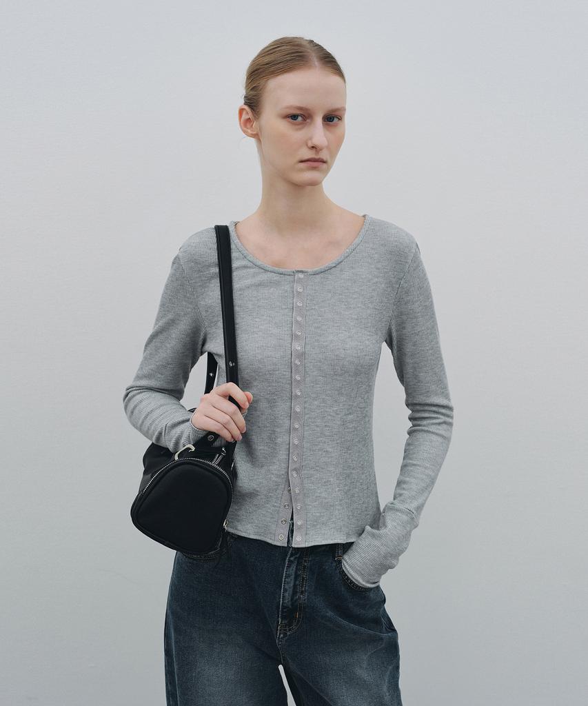 Neev Ribbed Snap Round Cardigan (Melange Gray)