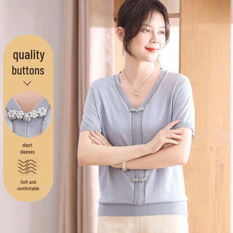 Women s Chinese Style V-Neck Short Sleeve T-Shirt XL