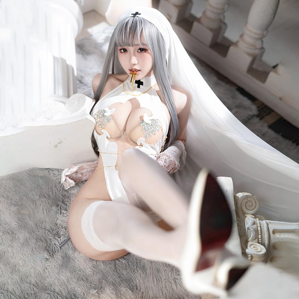 Sexy White Sister Cosplay with Cross Costume Lingerie Maid Style Leotard Cute Halloween Party One Size Gloves Included [SENMHS] Women's