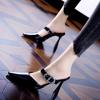 Fashion High Heel Baotou Sandals Women's Summer Patent Leather Pointed Toe Shallow Slip Rhinestone Buckle Stiletto Half Slippers