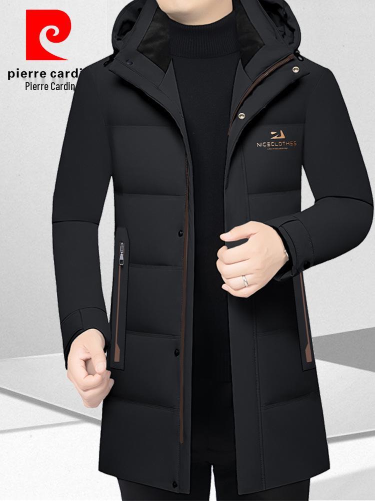 Pierre Cardin Men's Mid-Length Goose Down Jacket with Detachable Hood - Winter Business Casual Thick Outerwear