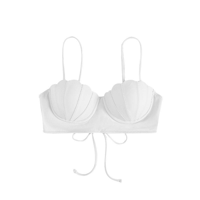 Women's Fashion Sexy Bikini Swimsuit Gathered Padded Push Up Top Solid Swimwear Halter Lace Up Back Bathing Suit Top