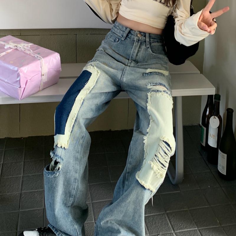 

Модные сексуальные рваные женские джинсы контрастного цвета, прямые широкие джинсы для женщин, свободные брюки в стиле хип-хоп, уличные повседневные джинсовые брюки Lady 24252 XL синий