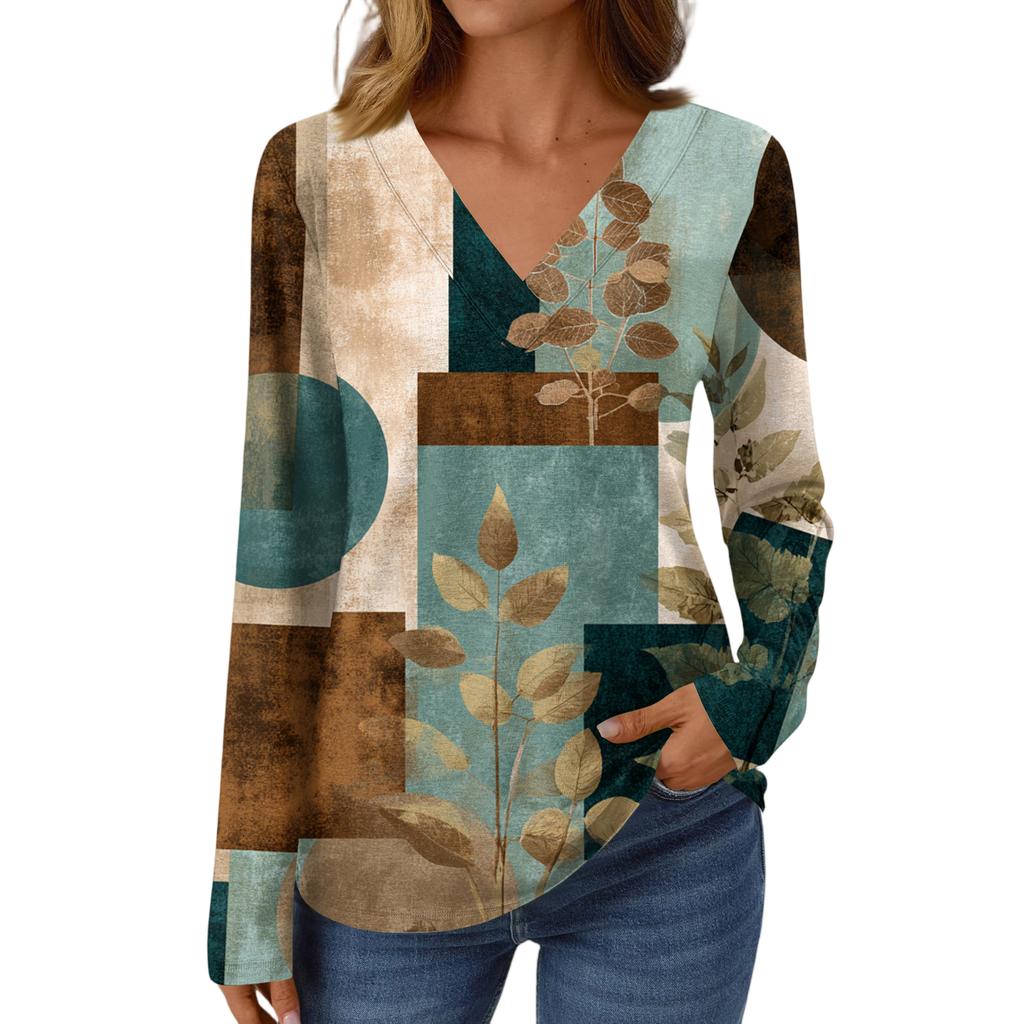 Women's Casual Fashion Brushed Retro Floral Print Long Sleeve V-Neck Top T-Shirt