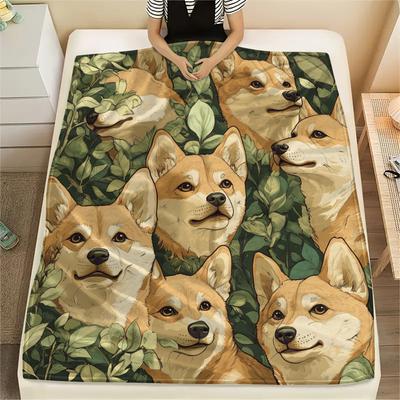 Shiba Inu and Leaves Pattern Flannel Blanket, High Quality Comfortable for All Seasons, Home Decor, Warmth and Comfort, Perfect for Gifts.