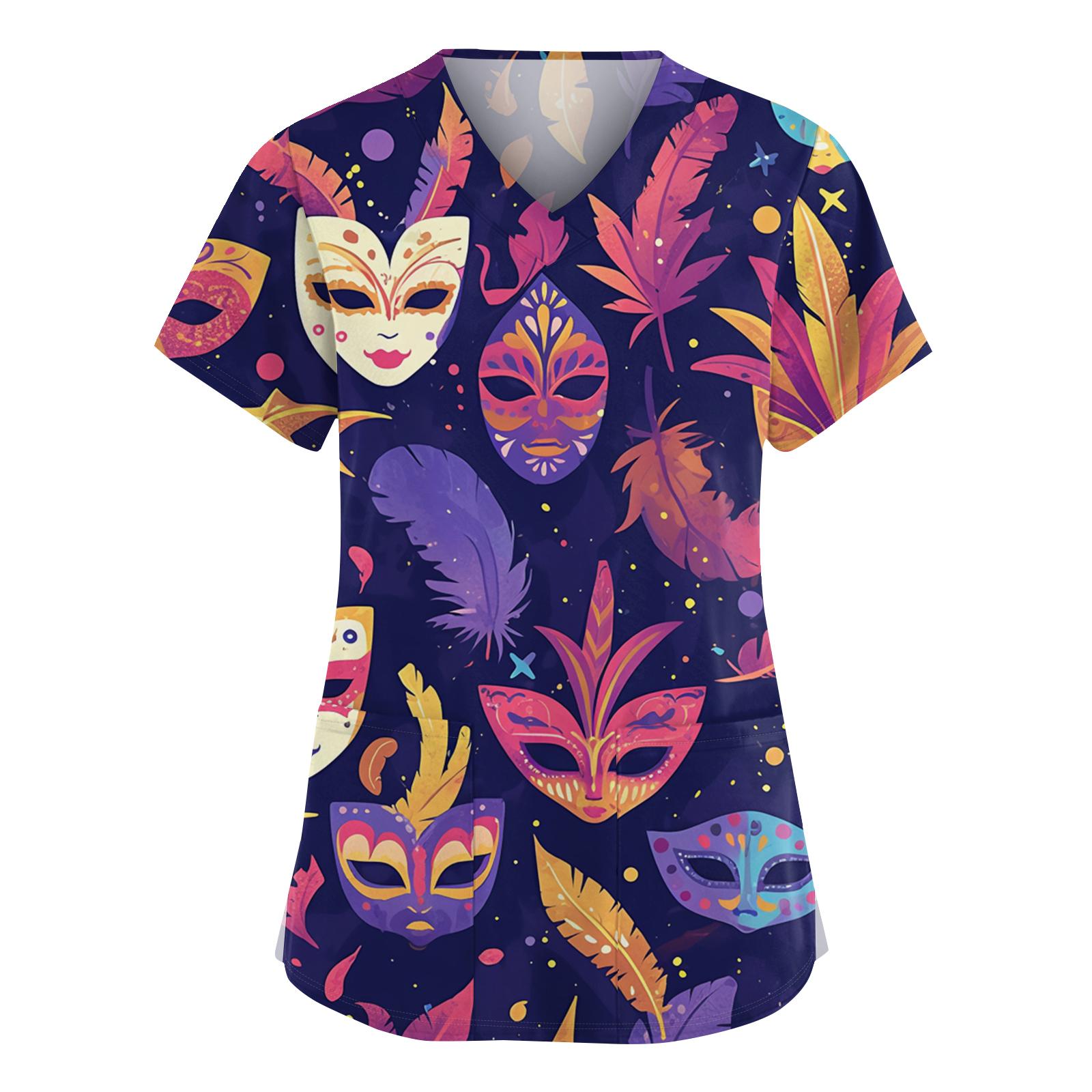 

Women s Fashionable V-neck Workwear Printed Short Sleeved Pocket Side Slit Workwear Basic Pullover Top S