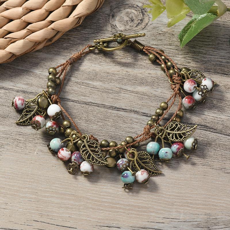 Retro literary and artistic small fresh cherry bracelet female fruit fringed ceramic hand rope handmade jewelry