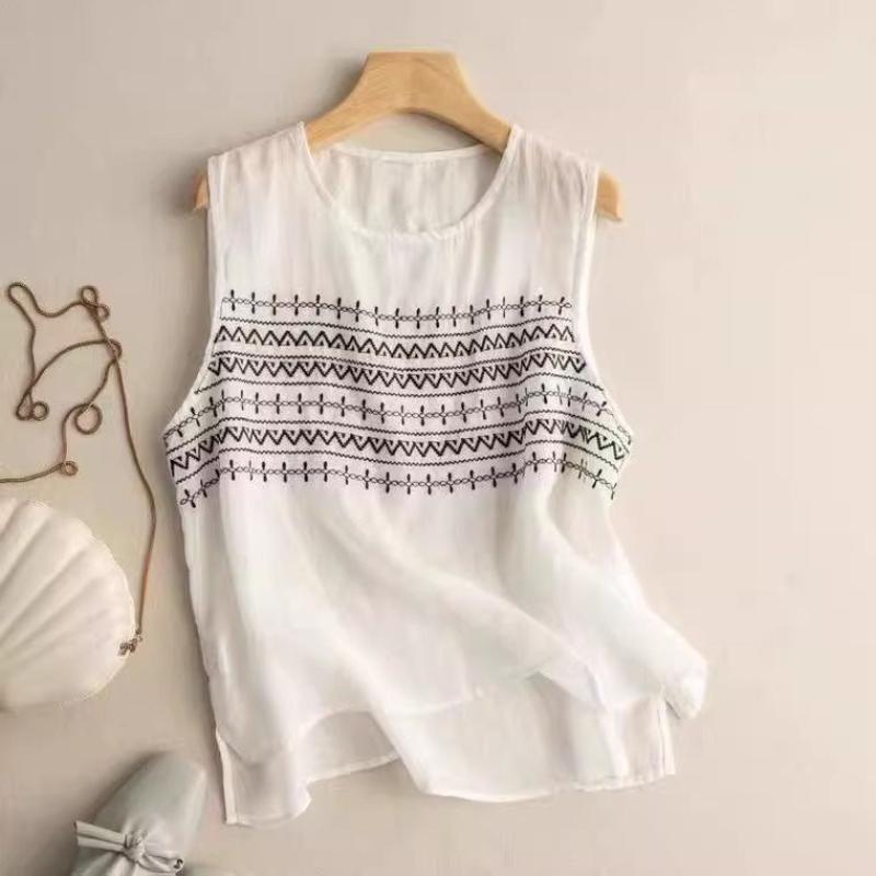 Women's Black Linen Sleeveless Top Round Neck Geometric Embroidery Casual Loose