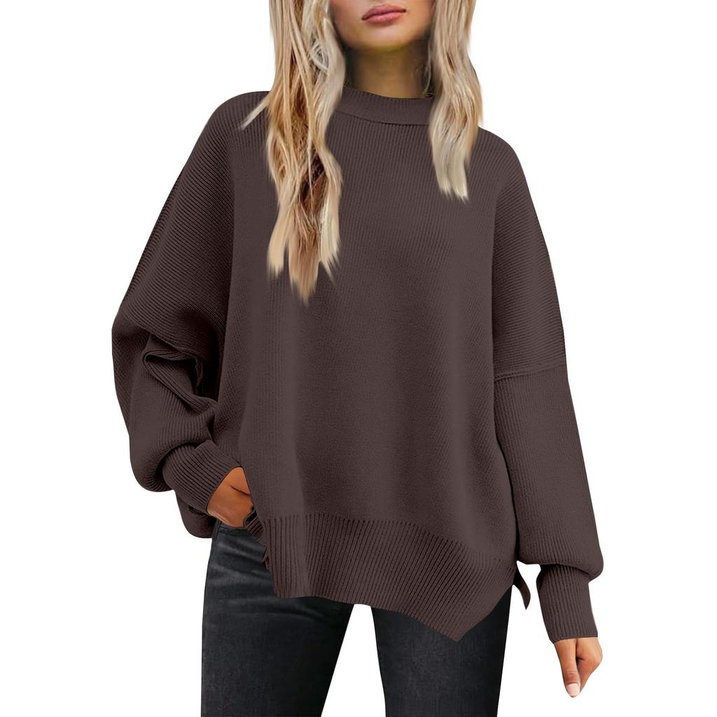 Women's Fashion Round Neck Long Sleeve Sweater Knitted Side Slit Pullover