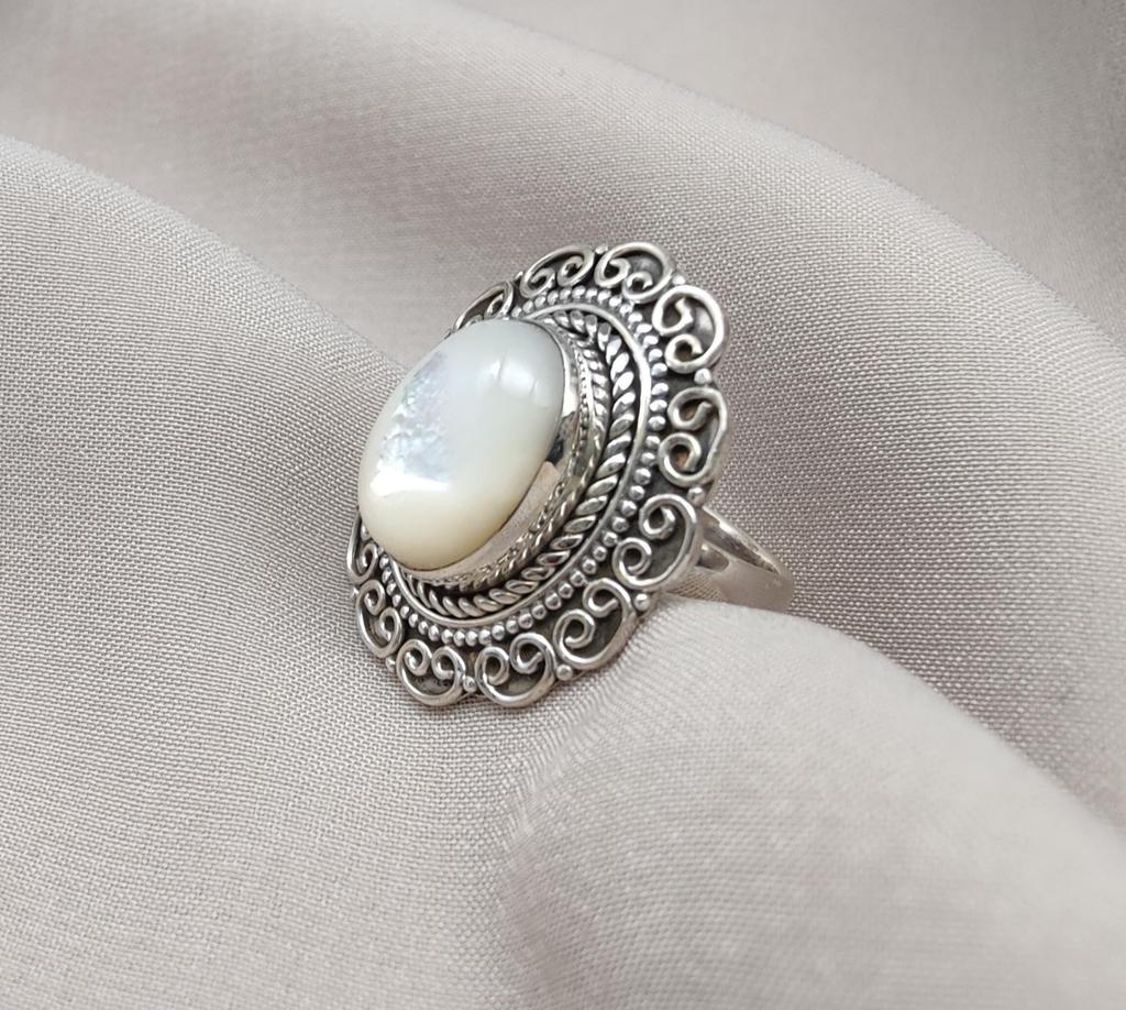 Mother of Pearl 925 Sterling Silver Ring: Handmade Boho Statement Jewelry