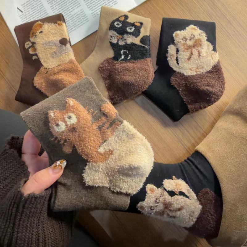 Boneless Cat Feather Yarn Socks High Tube Stackable Design Breathable Warm Winter Cartoon Womens Mid Calf Ankle Socks