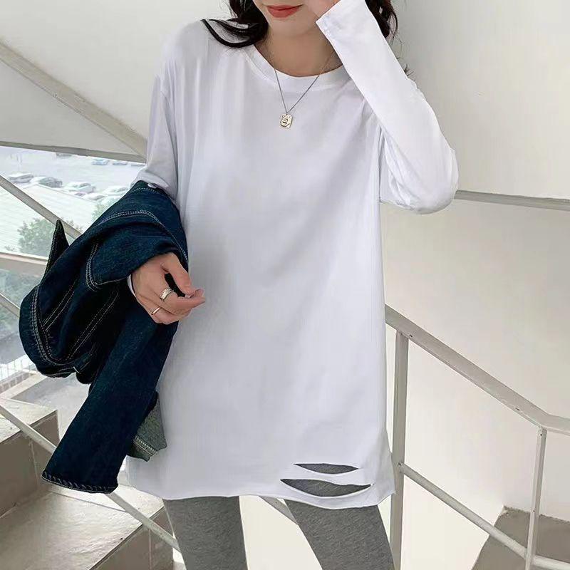 Damen Übergröße Baumwoll-T-Shirt mit Rissen und langen Ärmeln – Mittellang, Vielseitig, Weiß, Frühlings- und Herbststil