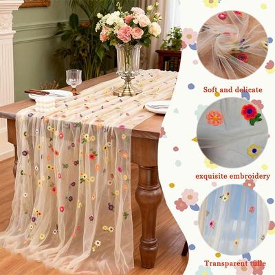 Stylish Colorful Embroidered Floral Tablecloth Easter Mesh Table Flag Suitable for Banquet Family Party Decoration DIY Headwear Multi Purpose Fabric