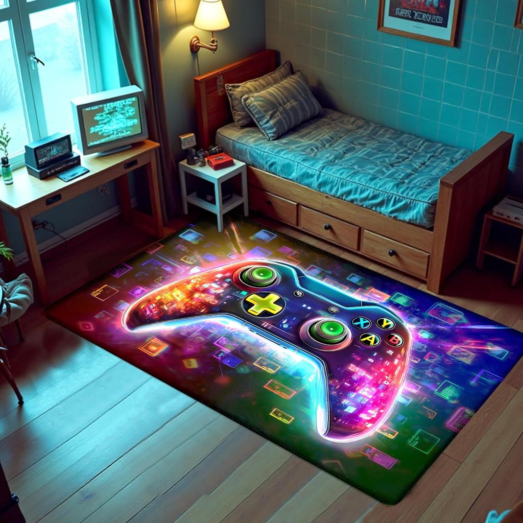 Cyberpunk Glowing Game Controller Themed Rug, Neon Tech Style Floor Mat for Gaming Room, Bedroom, Non Slip Decorative Carpet
