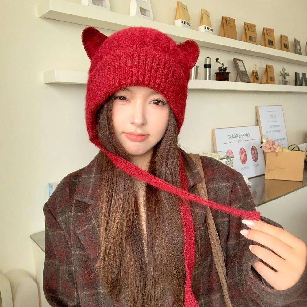 3D Cat Ear Cat Ear Knit Hat Warm Knitted Head Cover Durable Soft Beanie Winter Commuting