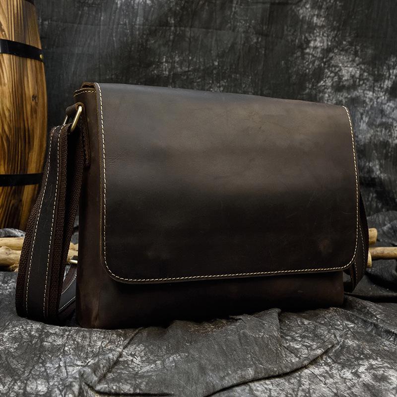 Men'S Genuine Leather Shoulder Bag A4 Retro Leather Messenger Bag Large Capacity Clamshell Shoulder Bag Commuter Briefcase