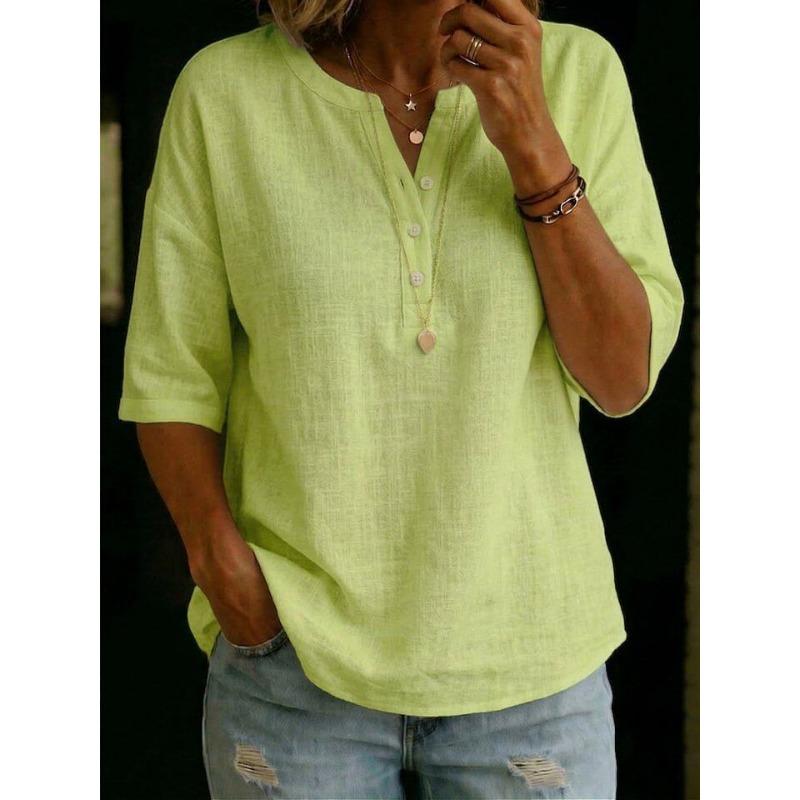 QICED Women's Fashion Casual Solid Color Print V-Neck 1/2 Sleeves Blouses & Shirts
