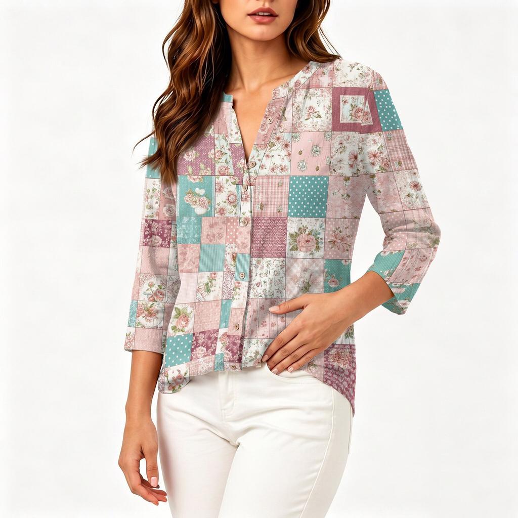 Women's Vintage Floral Print Patchwork Henley Collar Button Down 3/4 Sleeve Cotton Linen Shirt Casual Loose Fit Blouse