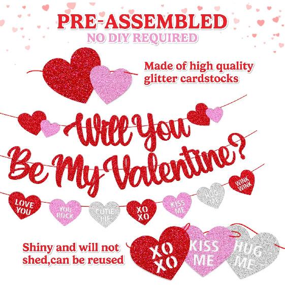 Will You Be My Valentine Banner Valentine Glitter Heart Garland Happy Valentine’s Day Party Decoration Glitter Red and Pink Be My Valentine