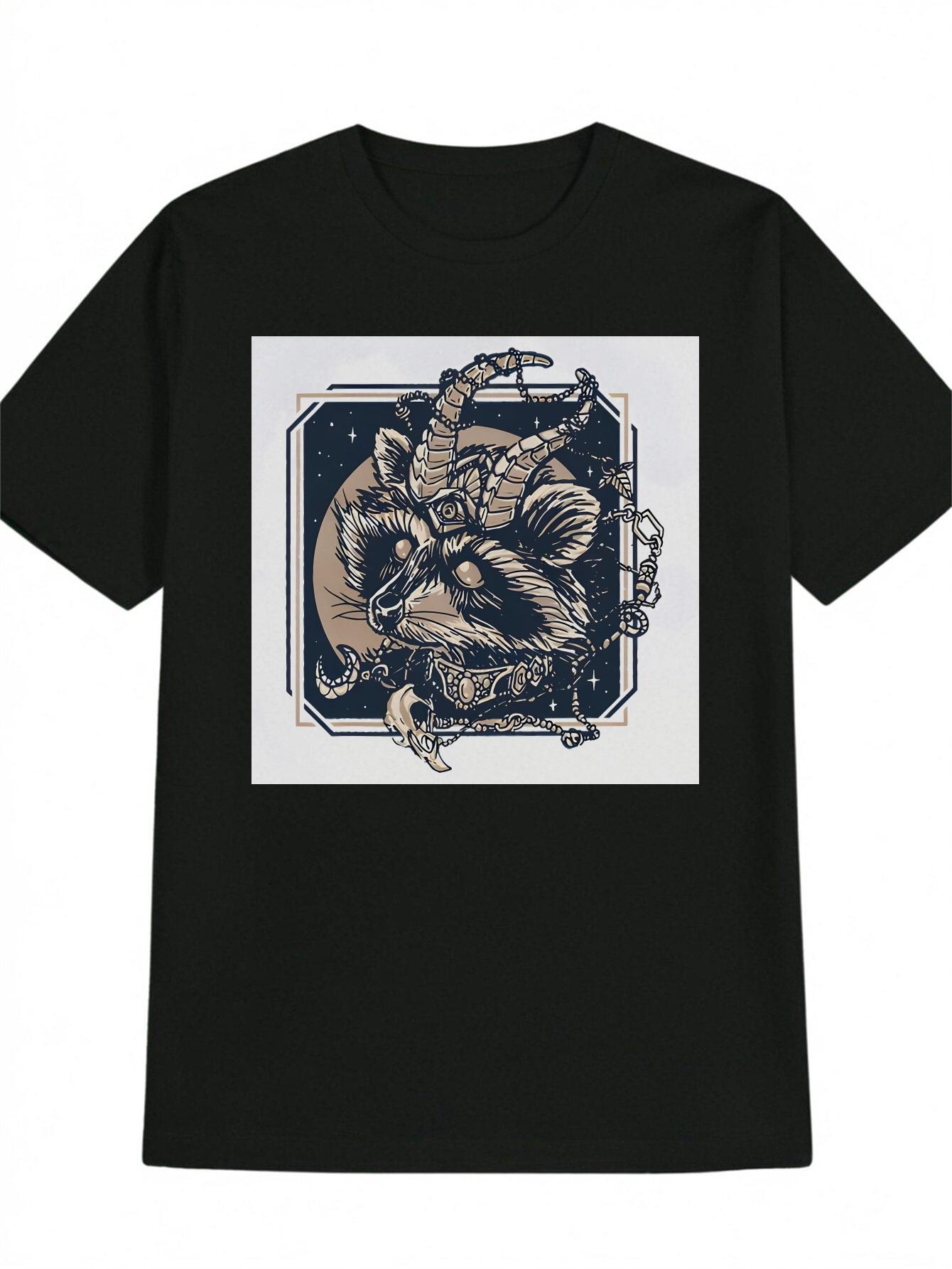 Casual Short Sleeve T-shirt with Artistic Raccoon Skull & Floral Print - Black Round Neck Summer Top XXXXL
