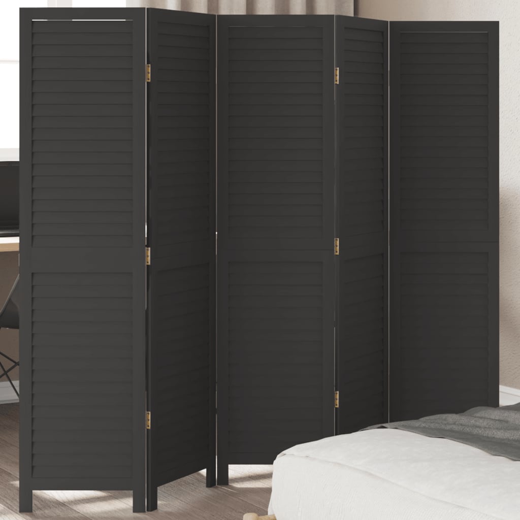 5 Piece Black Solid Wood Folding Screen Paulownia