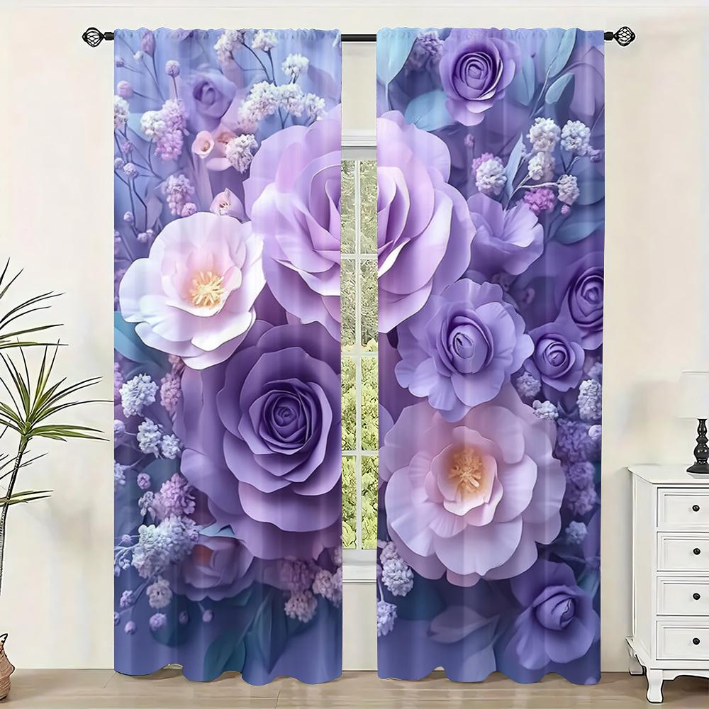 2pc,  Curtain Large Purple Floral Blackout  Polyester Festive Wall Decor Use for Holiday Parties