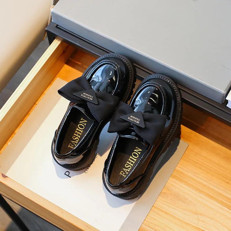 Black Girls Loafers Cute Fashion Simple Bow  Cute Kids UK Uniform School Shoes Breatheable Spring  Non-slip PU
