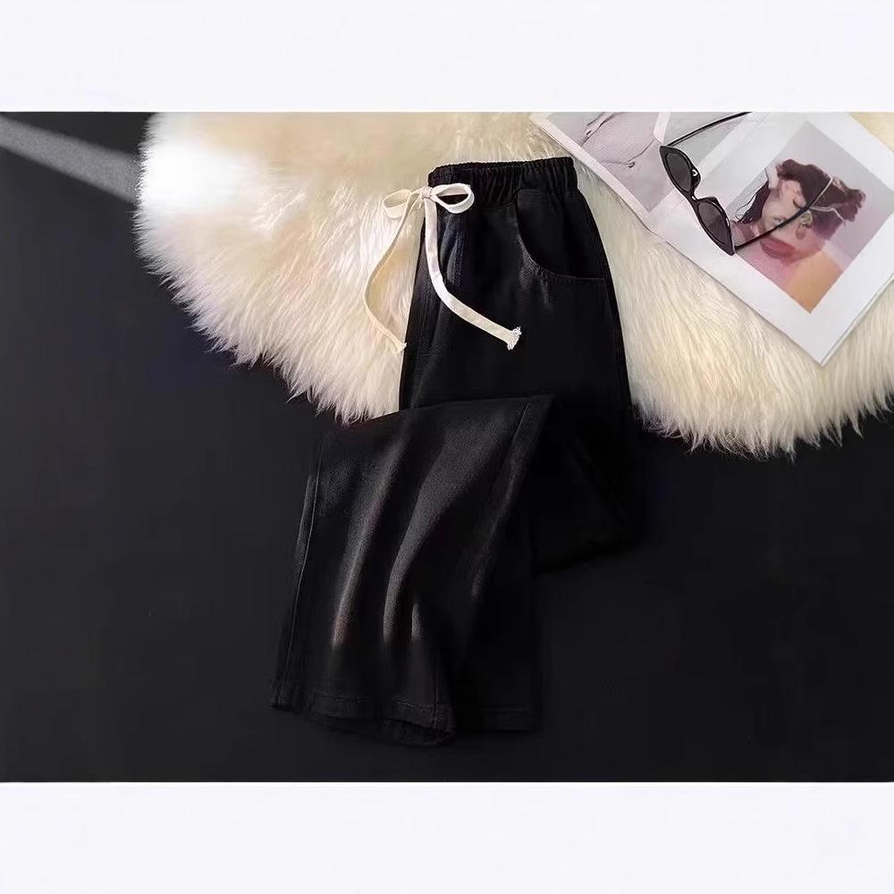 Women's Black Elastic Waist Wide-Leg Jeans – Loose-Fit, Slimming, Thick Fabric for Spring & Autumn