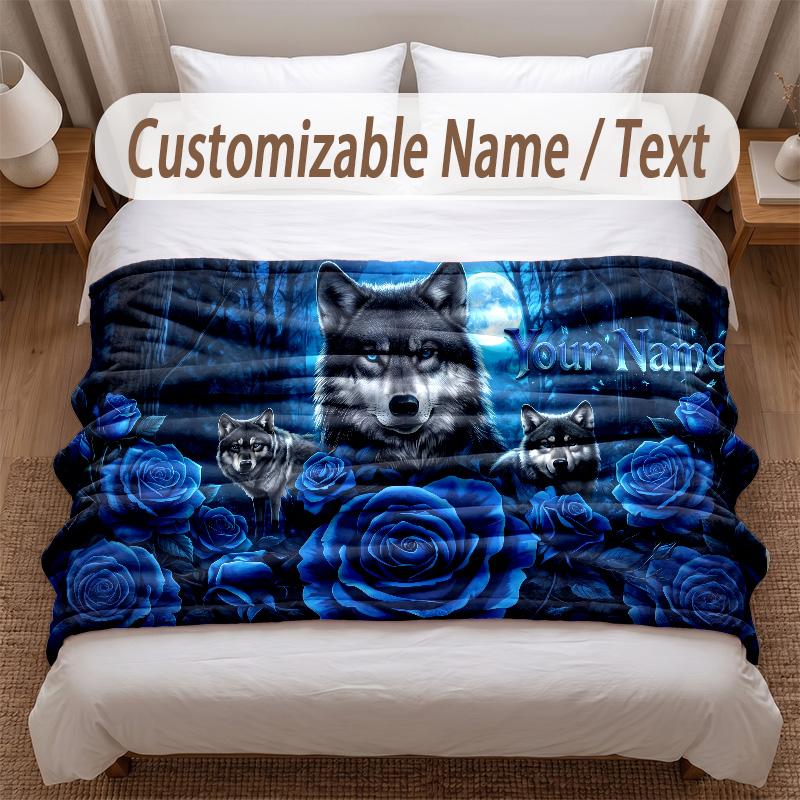 Wolf Theme Soft Blanket Personalized Custom Name Text Print Warm Blanket Home Sofa Bedroom Decor