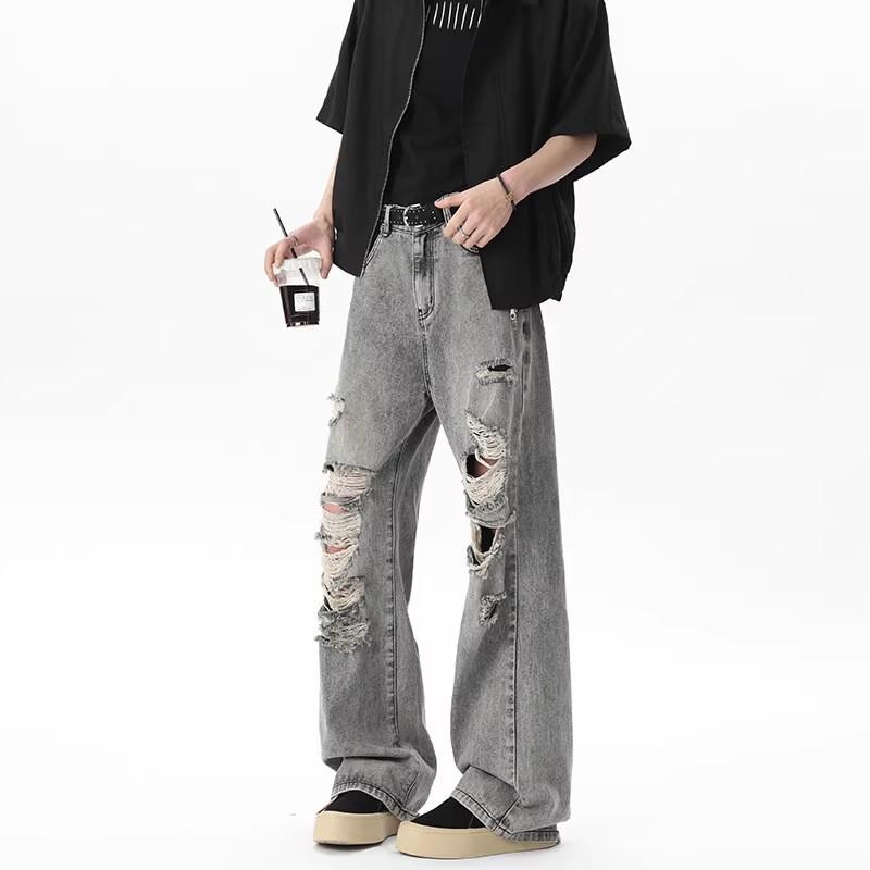 Summer thin ripped jeans men's American high street vibe style design sense niche loose retro destroyed pants