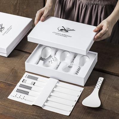 5 Paar Keramik-Essstäbchen & Löffel Set für Zuhause Küche Langer Griff Runder Kopf Suppenlöffel Rutschfeste Essstäbchen & Reislöffel Geschenkset