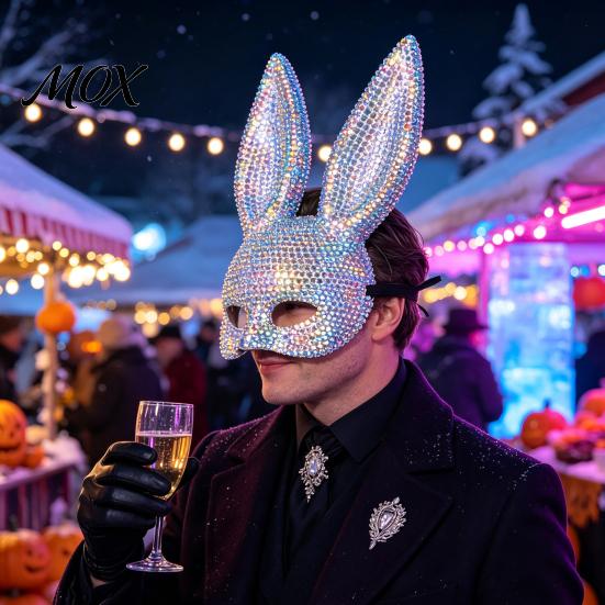 Halloween Costume Accessory Disco Mirror Rhinestone Rabbit Mask, Sparkly Glitter Bunny Face Mask Adjustable Elastic for Party, Shiny Reflective