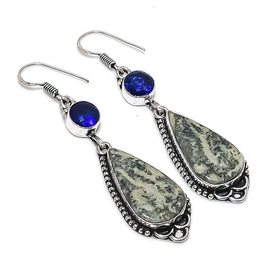 Natural Dendrite Opal, Topaz 925 Sterling Silver Jewelry Earring 2.64" K6b03