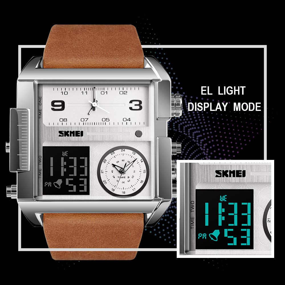 SKMEI Men's Digital Sports Watch LED Square Large Face Multi-Time Zone Waterproof Stopwatch Silver Brown