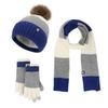 Winterliches japanisches Farbblock-Bommelmützen-, Schal- und Handschuh-Set - Dickes Wollstrick, Warmes dreiteiliges Set