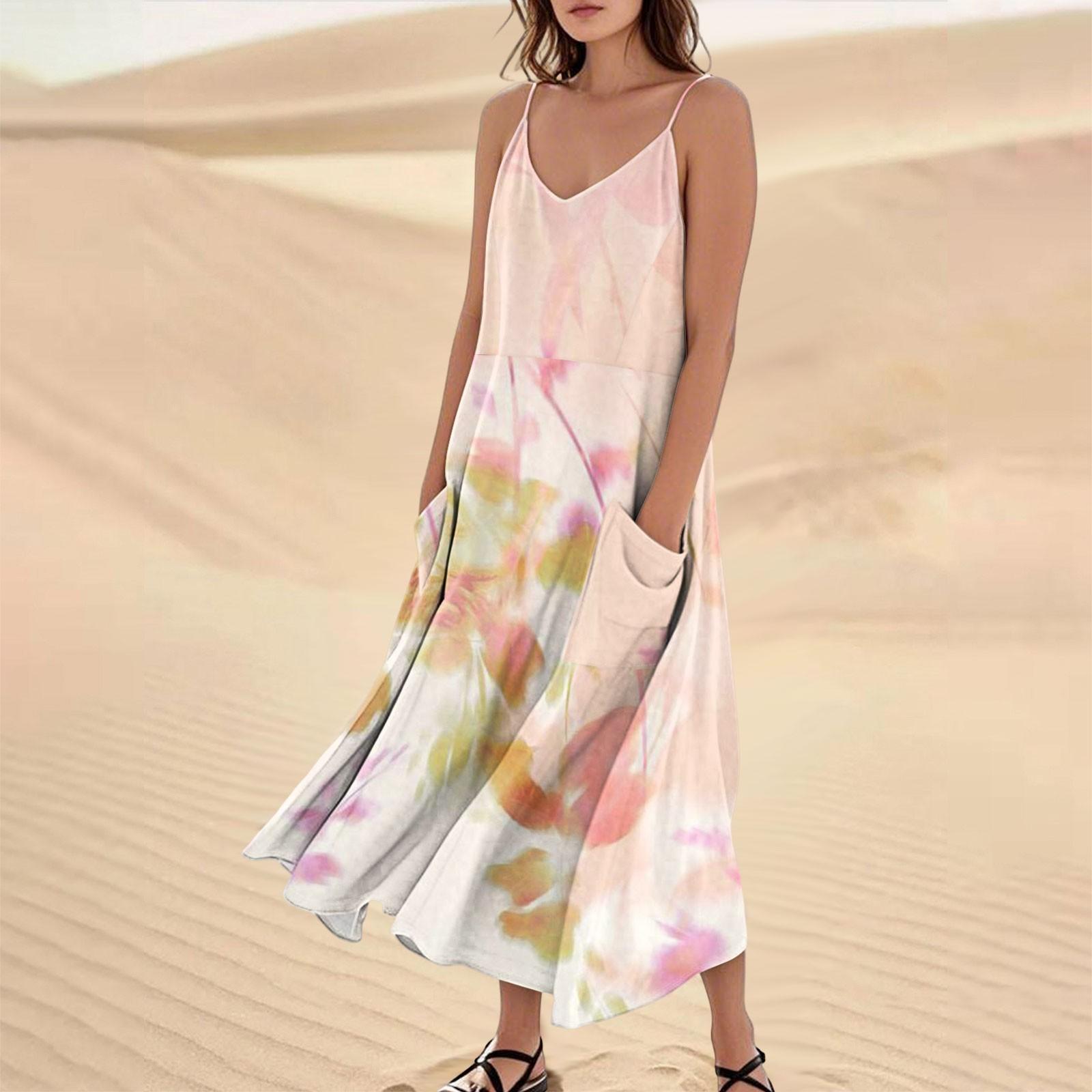 

Women s Casual V Neck Floral Print Sleeveless Pocket Suspender Dress S рожевий