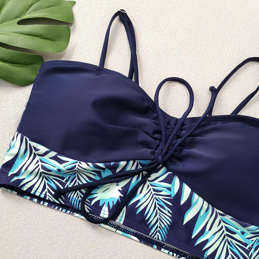 High waist flat angle strap print solid color splicing print large size swimsuit