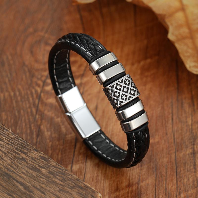 Vintage Star Braided Leather Bracelet For Men Handmade Adjustable Wristband Accessory чёрный