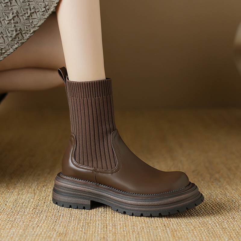 Krazing Pot Microfiber Autumn Winter Shoes Thick High Heels Flat Platform Size 43 Motorcycle Boots Knitwear Non-slip Ankle Boots