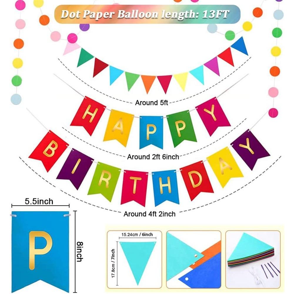 36 Pieces Reusable Birthday Decoration Set - Happy Birthday Banner, Bunting, Beehive Decoration, Ribbons (Confetti Rainbow Party Decoration)