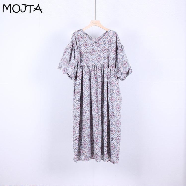 MOJTA Women's Cotton Summer Plus Size Long Skirt Floral Loose Printed Dress